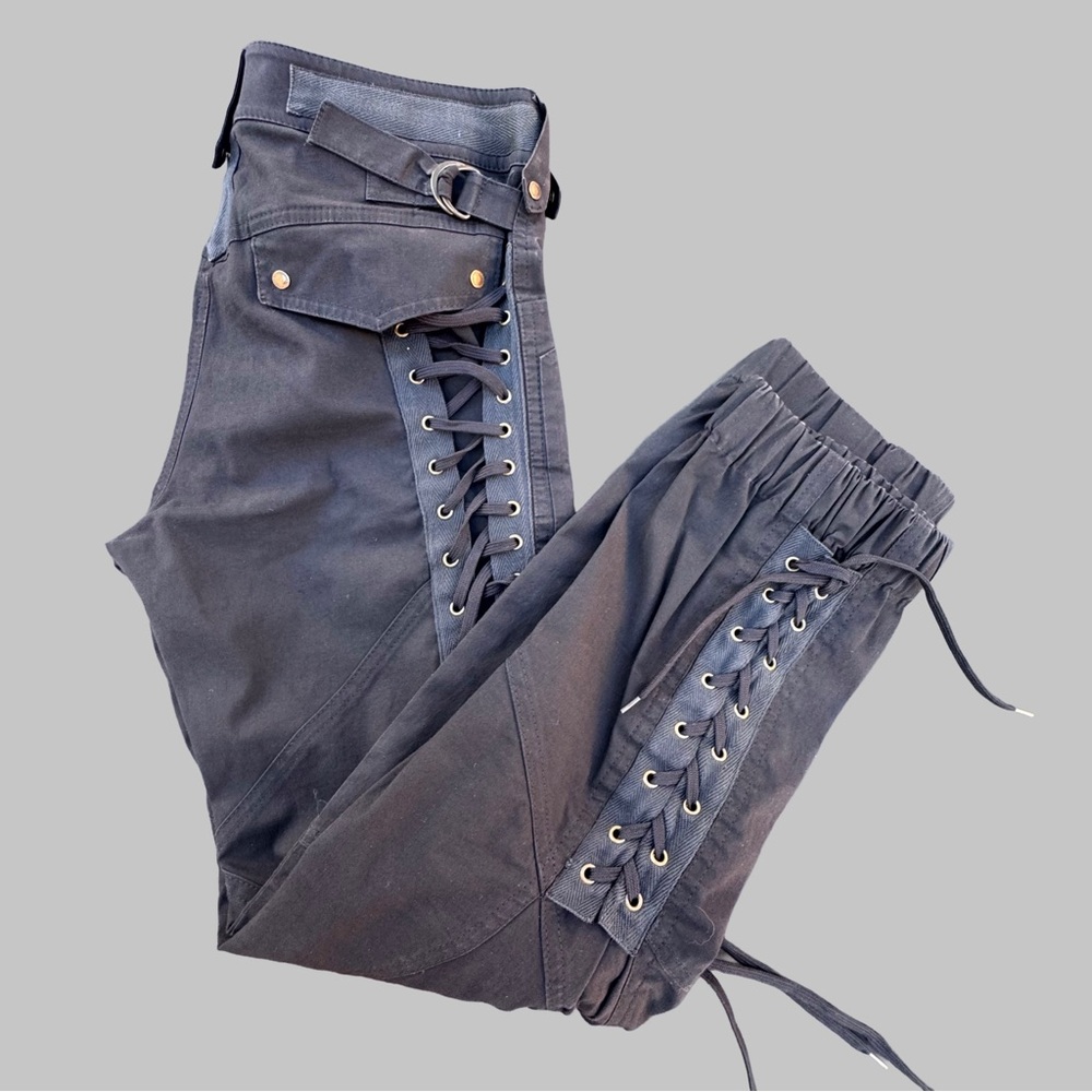 Karen Millen Black Cotton-Blend moto-style pants, corset lace-up panels size 6